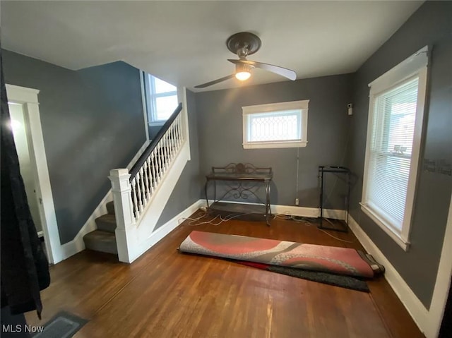 workout area featuring hardwood / wood-style flooring, a wealth of natural light, and ceiling fan