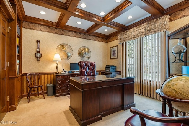 home office featuring wallpapered walls, beamed ceiling, coffered ceiling, and light carpet