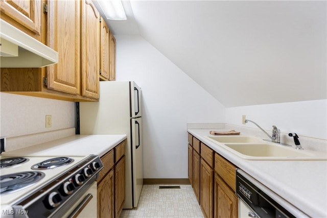 kitchen featuring range with electric cooktop, under cabinet range hood, a sink, light countertops, and dishwasher