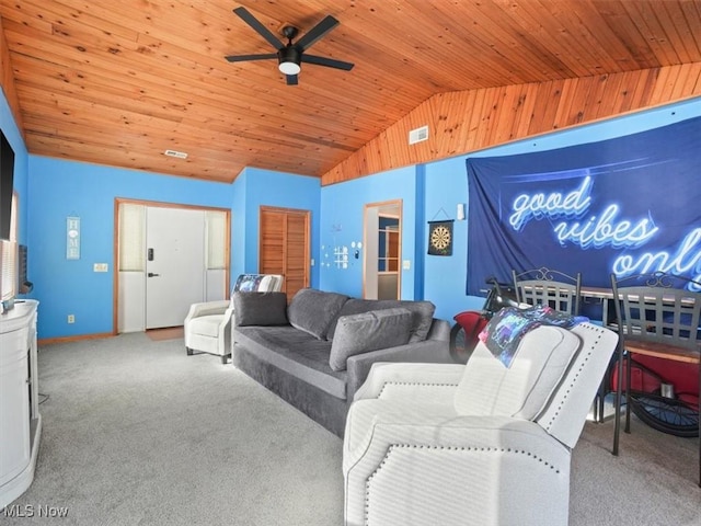 living room featuring light carpet, ceiling fan, wood ceiling, and vaulted ceiling