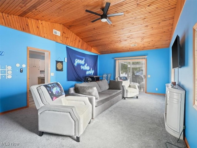 carpeted living room featuring ceiling fan, lofted ceiling, and wooden ceiling