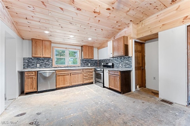 kitchen with lofted ceiling, backsplash, appliances with stainless steel finishes, wooden ceiling, and sink