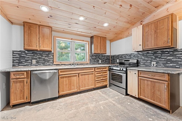 kitchen featuring appliances with stainless steel finishes, vaulted ceiling, wood ceiling, and sink