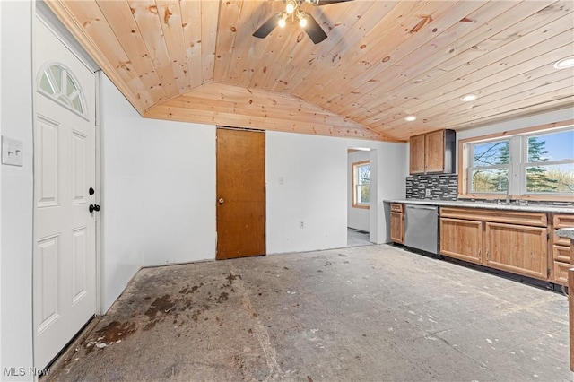 kitchen featuring stainless steel dishwasher, decorative backsplash, ceiling fan, wooden ceiling, and sink