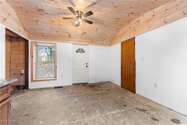 foyer featuring lofted ceiling, ceiling fan, and wood ceiling