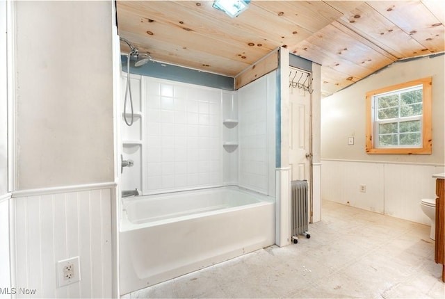 full bathroom with radiator, wooden ceiling, toilet, and lofted ceiling