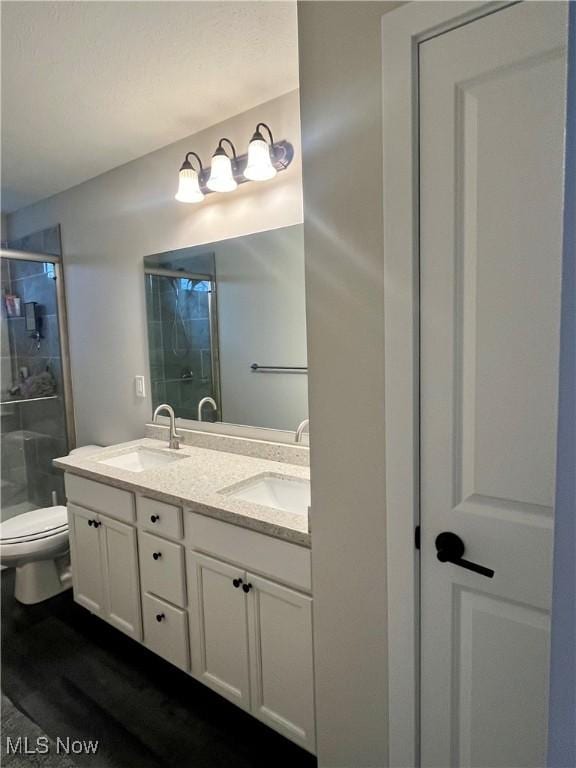 bathroom with vanity, toilet, and a shower with shower door