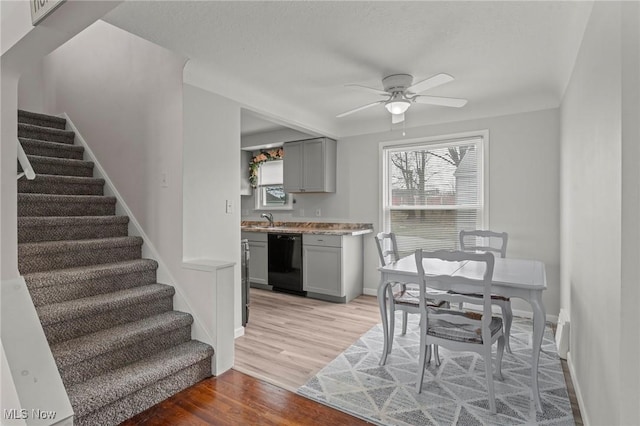 dining room featuring light hardwood / wood-style flooring, ceiling fan, and sink