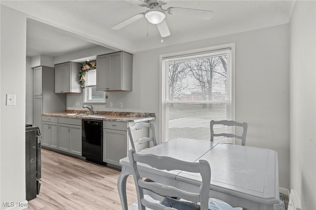 kitchen featuring dishwasher, sink, light hardwood / wood-style flooring, ceiling fan, and gray cabinets