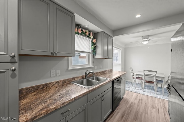 kitchen featuring black dishwasher, gray cabinets, ceiling fan, and sink