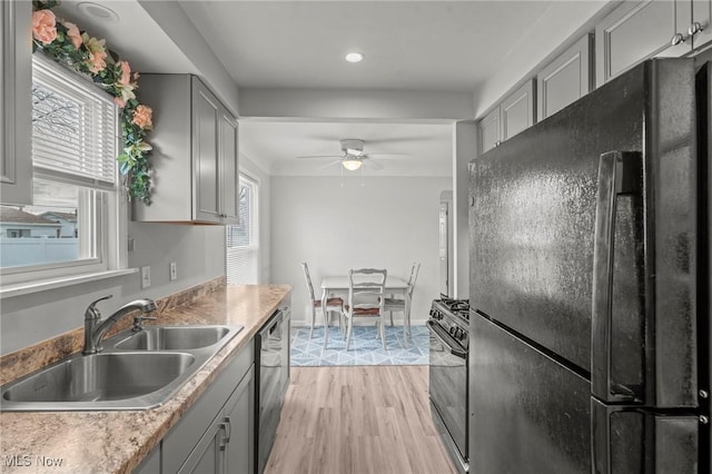 kitchen featuring sink, ceiling fan, gray cabinets, light hardwood / wood-style floors, and stainless steel appliances