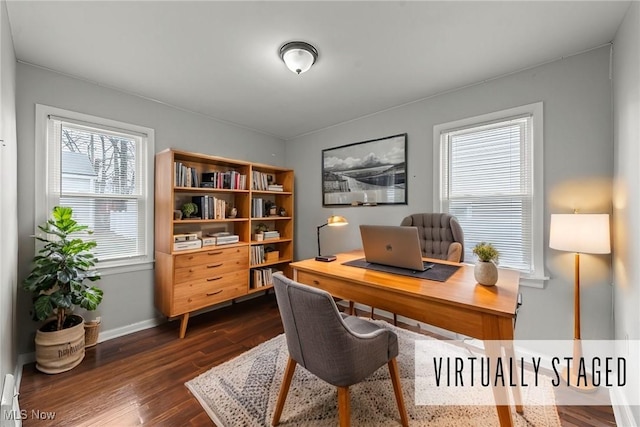 office space featuring dark wood-type flooring