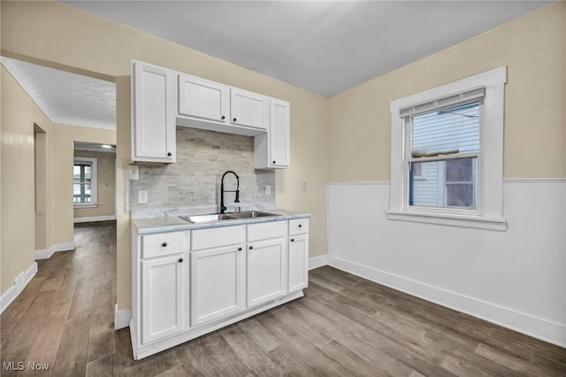 kitchen with hardwood / wood-style floors, decorative backsplash, white cabinetry, and sink