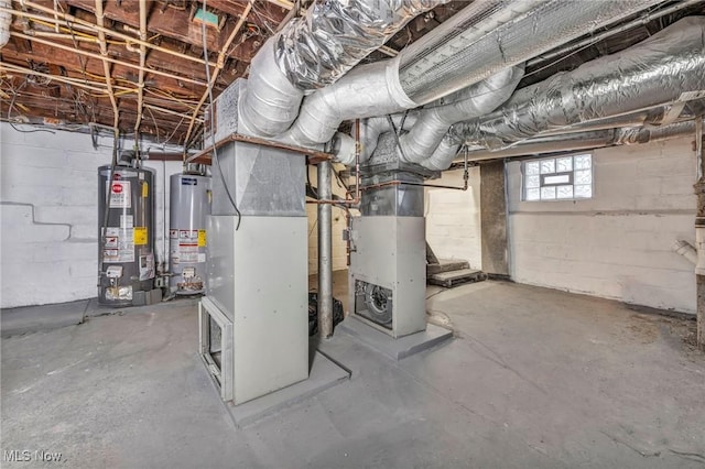 basement with heating unit and water heater