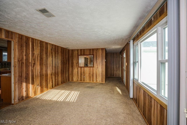 carpeted empty room featuring wood walls and a textured ceiling