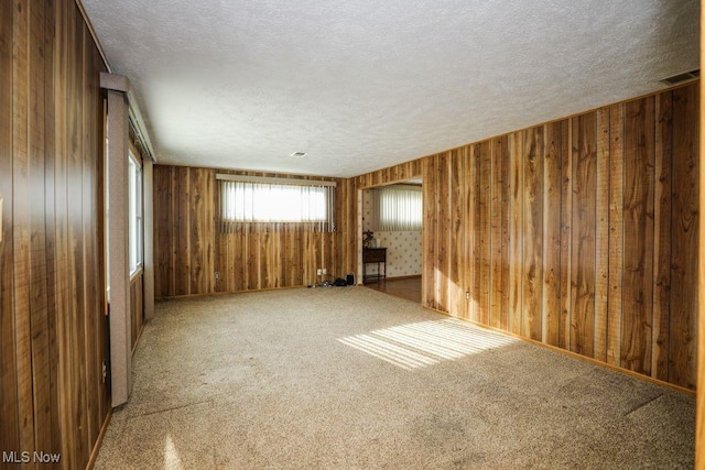 spare room with wooden walls, carpet floors, and a textured ceiling