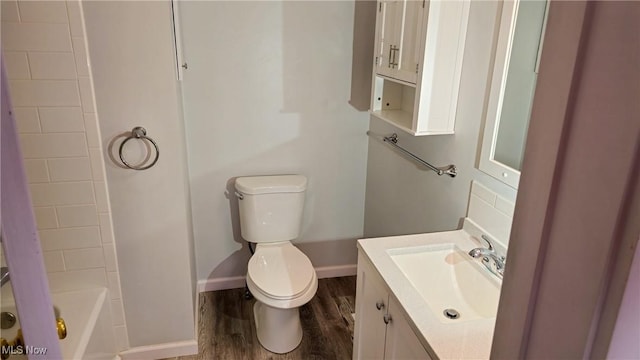 bathroom with vanity, toilet, and wood-type flooring