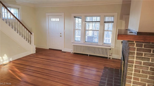 entrance foyer featuring crown molding, dark wood-type flooring, and radiator