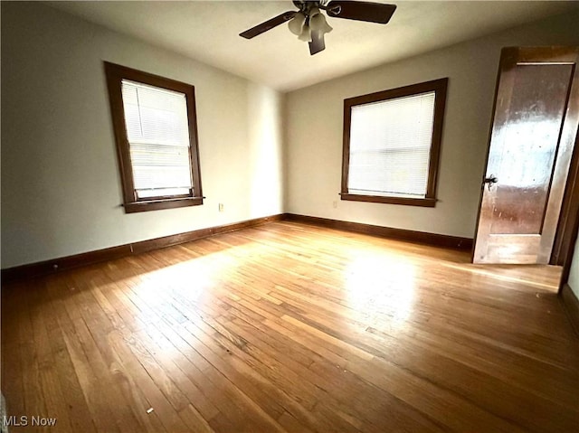 empty room featuring ceiling fan and light hardwood / wood-style flooring