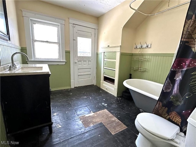 bathroom with vanity, a bath, a textured ceiling, and toilet