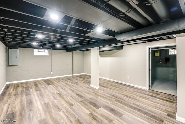 basement featuring hardwood / wood-style floors and electric panel