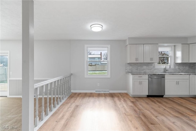 kitchen with decorative backsplash, stainless steel dishwasher, sink, white cabinets, and light hardwood / wood-style floors