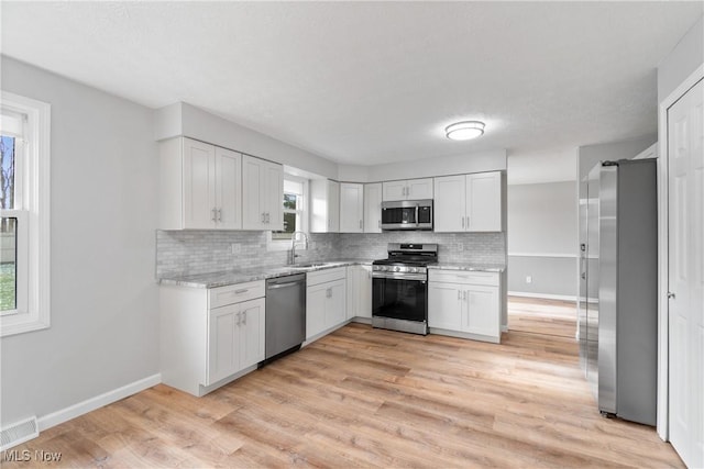 kitchen with white cabinets, appliances with stainless steel finishes, tasteful backsplash, and sink