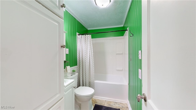 full bathroom with vanity, shower / bath combo, a textured ceiling, and toilet