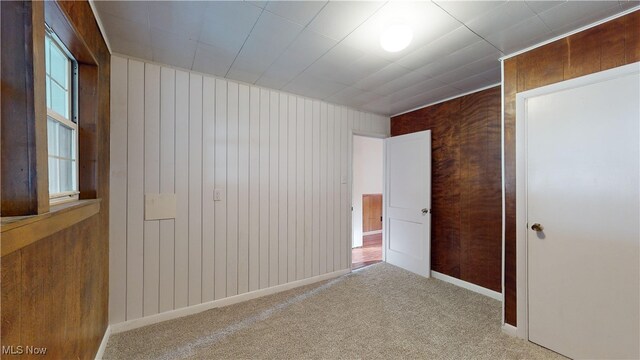 unfurnished bedroom featuring wooden walls and carpet