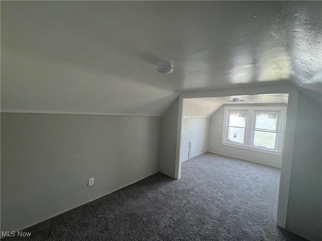 bonus room featuring a textured ceiling, carpet floors, and vaulted ceiling