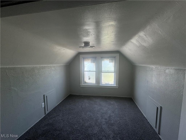 bonus room featuring a textured ceiling, carpet, and lofted ceiling