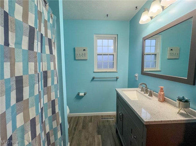 bathroom featuring vanity, toilet, wood-type flooring, and a wealth of natural light