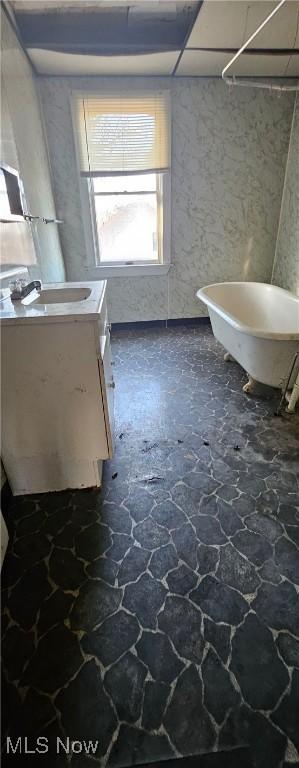 bathroom with a drop ceiling, vanity, and a washtub