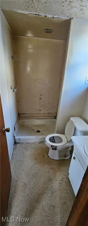 bathroom with toilet, vanity, and walk in shower