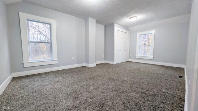 spare room featuring lofted ceiling, carpet floors, and a textured ceiling