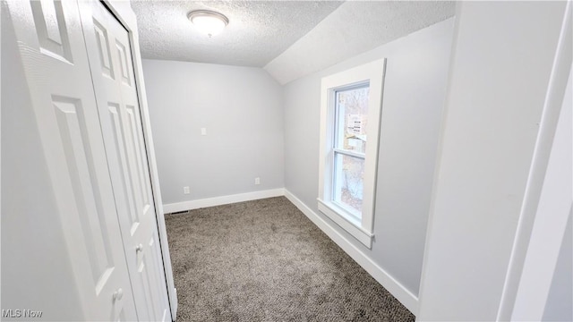 interior space with a textured ceiling and vaulted ceiling