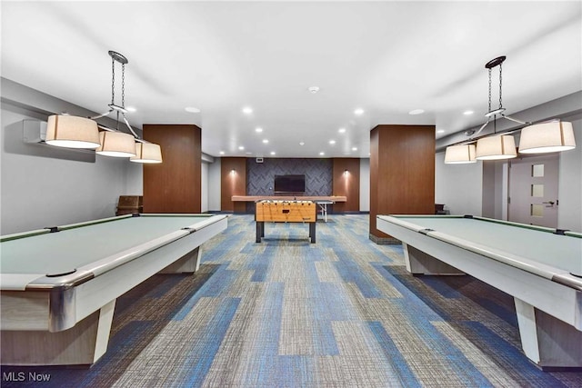 recreation room featuring dark carpet and pool table