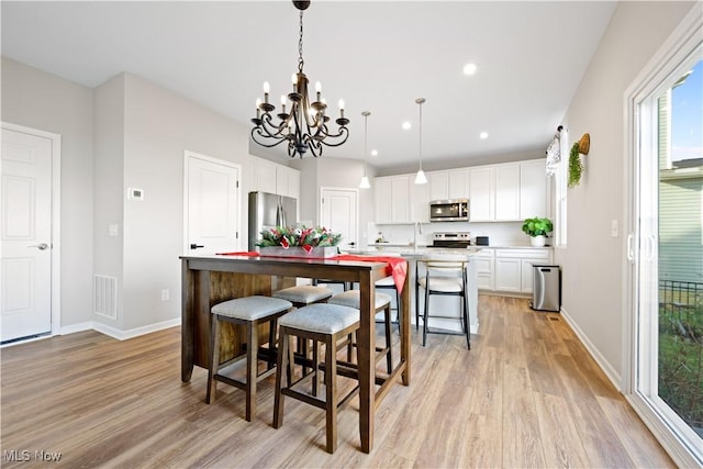 kitchen with a breakfast bar, stainless steel appliances, a kitchen island with sink, white cabinets, and hanging light fixtures