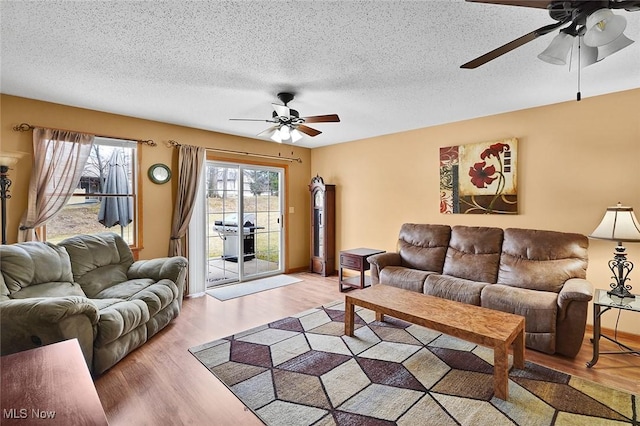 living room featuring a textured ceiling and light wood-type flooring