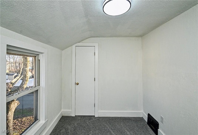 additional living space featuring a textured ceiling, dark carpet, and lofted ceiling