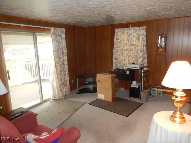 living room with wood walls, carpet, and a textured ceiling