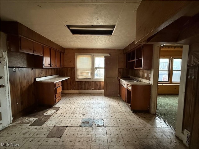 kitchen with plenty of natural light and wood walls