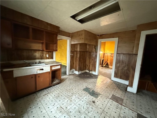 kitchen featuring sink and wood walls