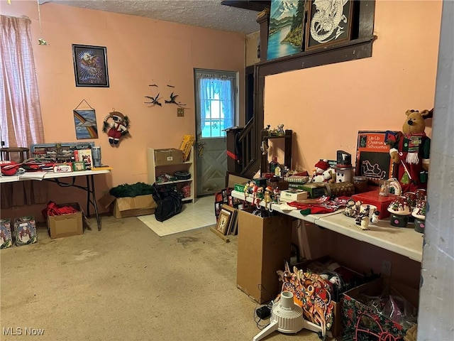 miscellaneous room featuring a textured ceiling and light carpet