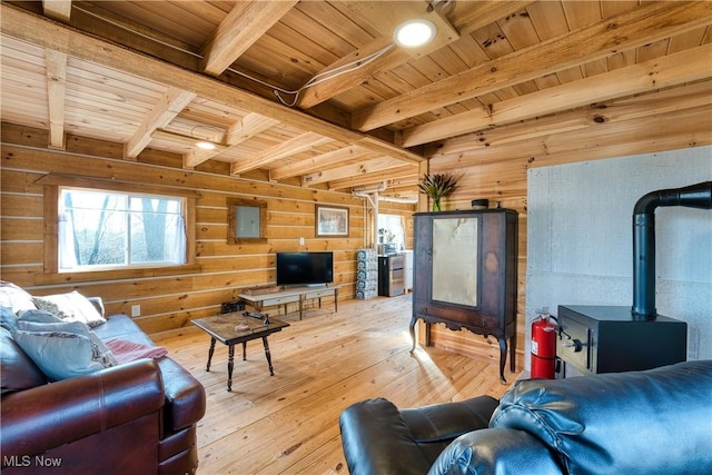 living room with beam ceiling, wood-type flooring, wooden ceiling, a wood stove, and wood walls