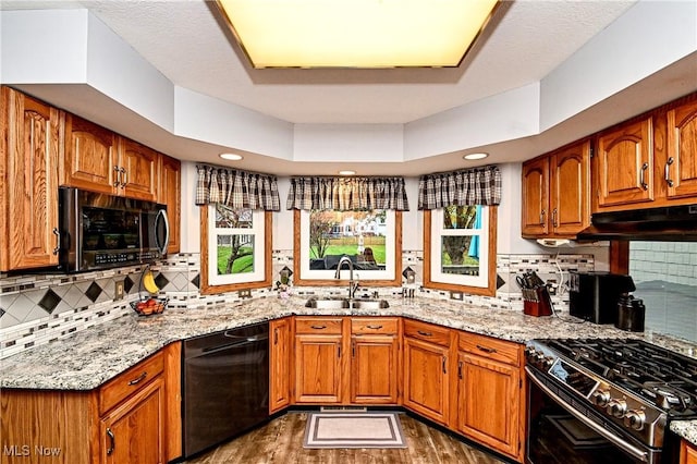 kitchen with sink, light stone counters, dark hardwood / wood-style flooring, a tray ceiling, and black appliances