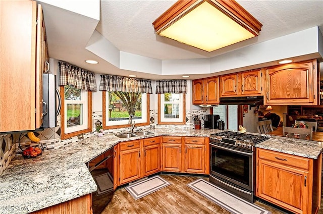 kitchen featuring sink, gas range, dark hardwood / wood-style floors, a tray ceiling, and light stone counters