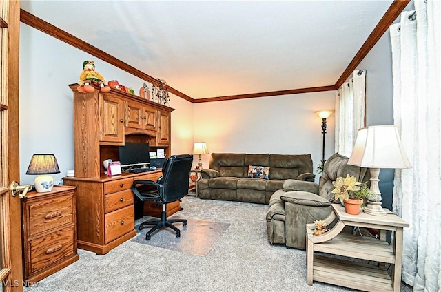 carpeted home office featuring ornamental molding