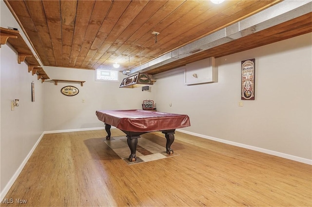 recreation room featuring light wood-type flooring, wood ceiling, and pool table