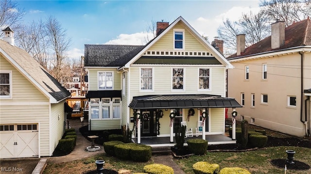 back of house featuring covered porch and a garage